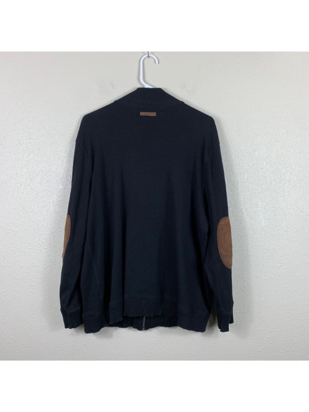 VTG Y2K Lauren Ralph Lauren Cardigan L Black Cotton Zip Leather Elbow Patch - Picture 8 of 8